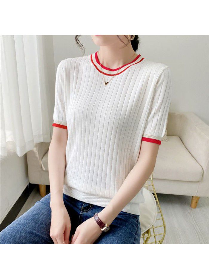 Ice hemp short sleeved t-shirt for women in summer, new women's color matching, thin and fashionable, slimming, ice silk base knit shirt for women 