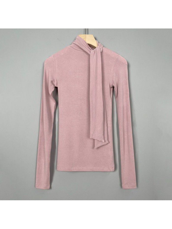 Strap tight and slightly transparent high neck long sleeved T-shirt for women 