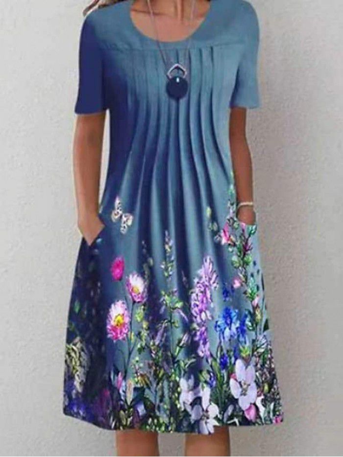 Summer New Women's Foreign Trade Round Neck Long Dress Flower Print Dress Women 