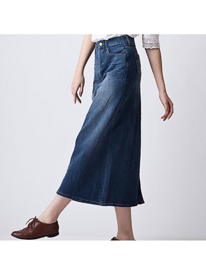 Spring and Autumn New Half length Skirt Mid length High Waist Long Dress Korean Elastic Large Size Floor Dragging A-line Denim Skirt Women 