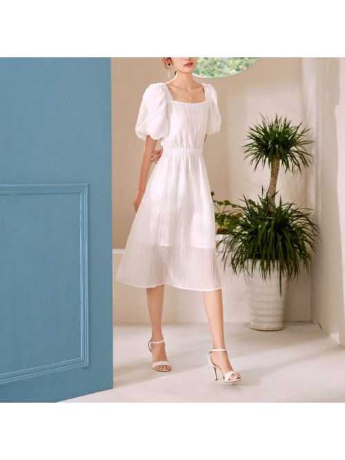 French Short Sleeve Dress Summer New Square Neck L...