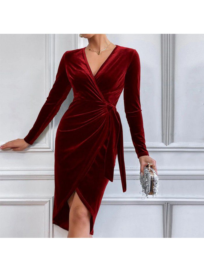 Sexy long dress with V-neck and buttocks, irregular mid length dress, cocktail dress, female 