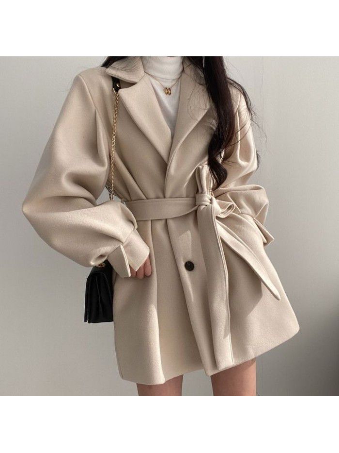 Thickened autumn and winter strapping temperament, small suit collar, medium length woolen women's coat jacket