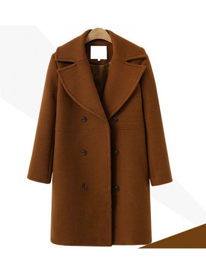 Autumn and winter women's woolen coat, women's double breasted medium length windbreaker, woolen coat