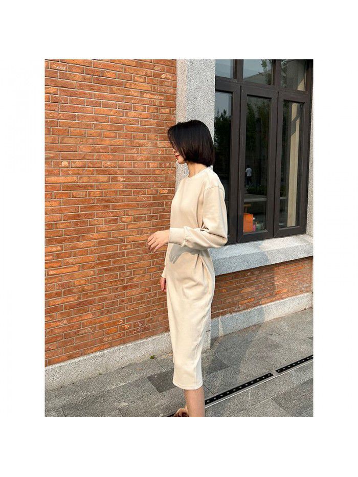 Early Autumn New Air Layer Waist Fold Sweatshirt Style Dress Shows Slim Length 