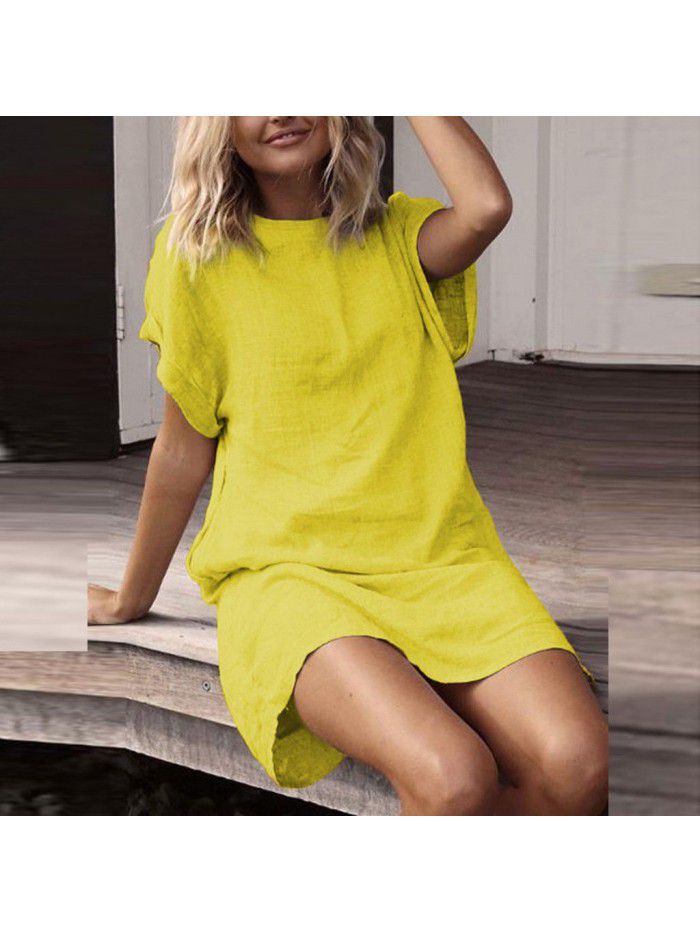 Women's Loose Casual Solid Color Short Sleeve Cotton Linen Dress Women 