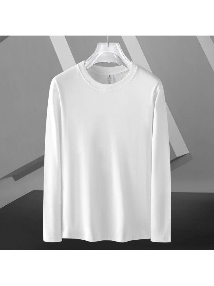 Long sleeved T-shirt for men in spring and autumn, round neck loose fitting pure white bottom shirt for men's upper garment 