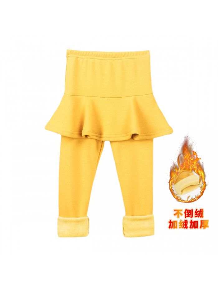 Fake two-piece leggings girls' skirt pants wear plush thickened children's thermal insulation trousers cotton in winter 