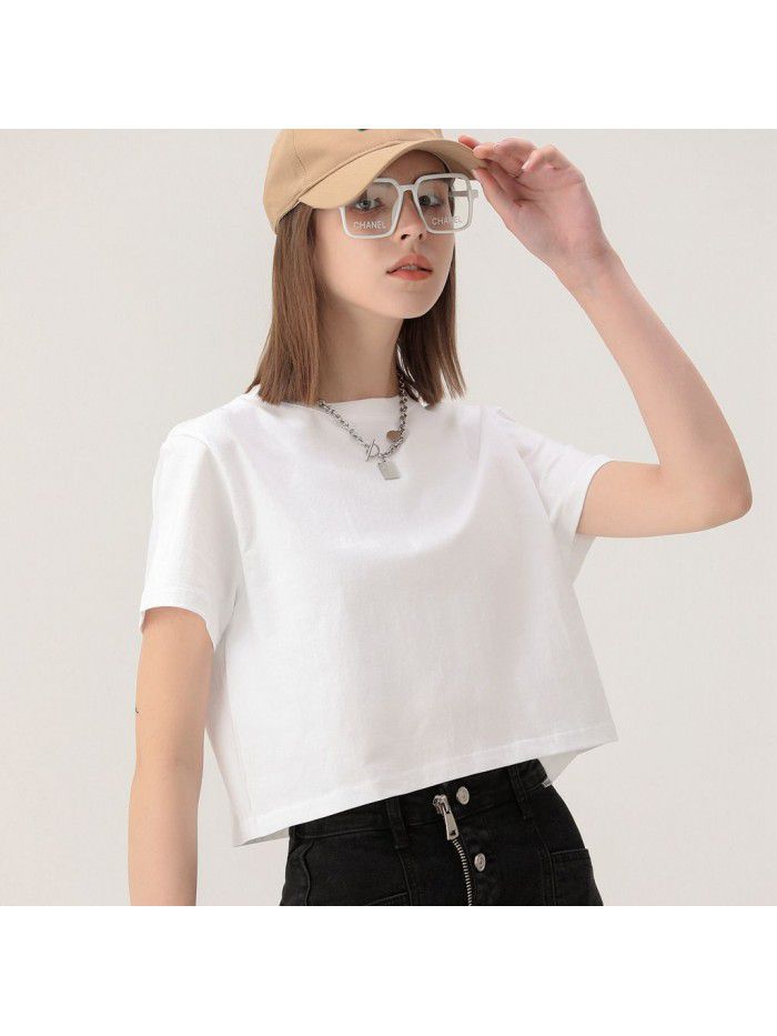 Short cut navel exposed short sleeved t-shirt for women Spring/Summer new niche short cut t-shirt made of pure cotton 