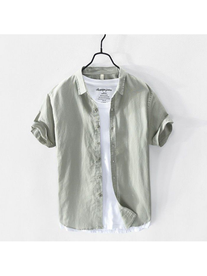 Summer casual simple cotton linen short sleeved men's shirt refreshing and fashionable men's shirt 