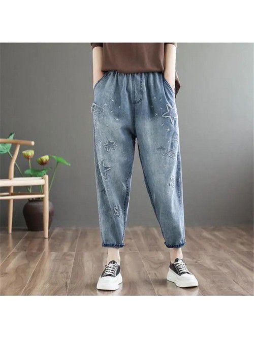 Oversized Retro Art Embroidered Women's Pants Cott...