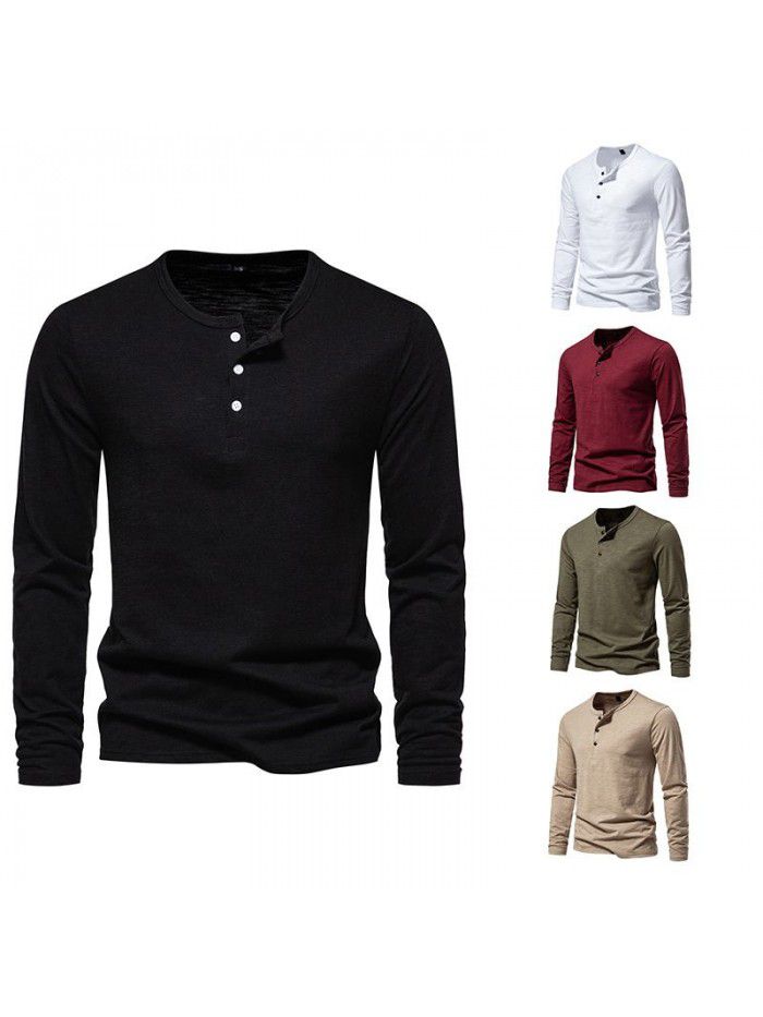 New Men's Long Sleeve T-shirt Fashion Solid Three Button Henry T-shirt Men's Top T-shirt Underlay 