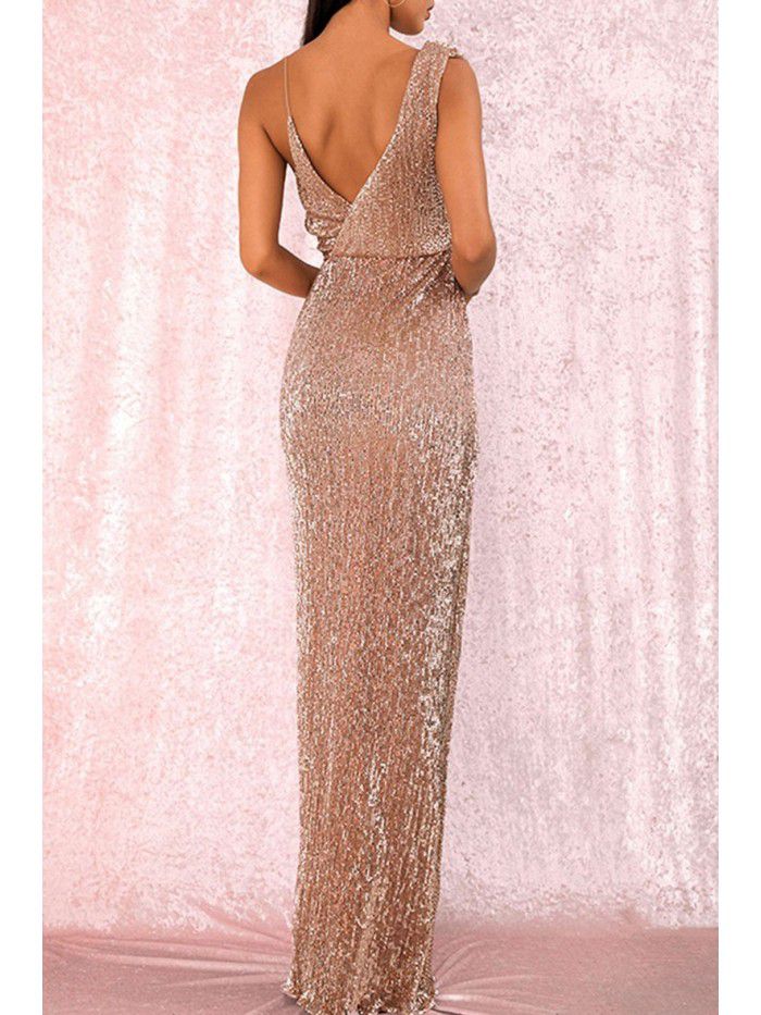 New Spring/Summer Banquet Design Sense One Shoulder Sequin Gold Heavy Industry Evening Dress Women's Fishtail Dress 