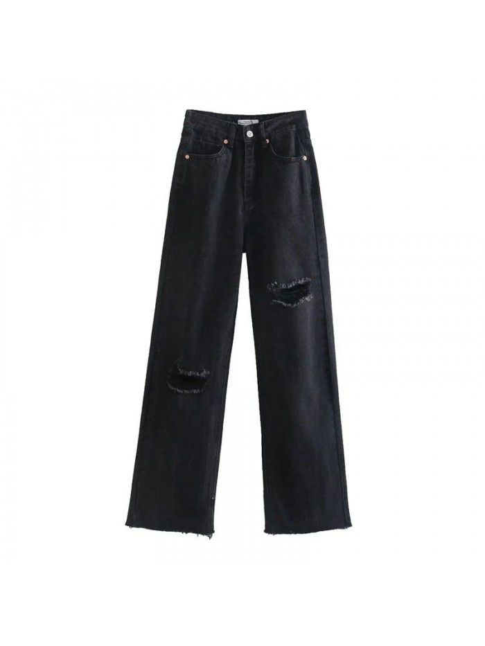 Women's Spring New Style Women's Washable Slim Perforated Decorative Wide Leg High Waist Jeans 