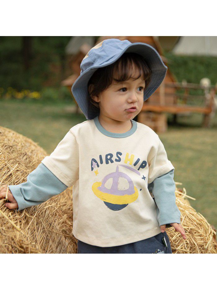 Autumn New Product Boys' T-shirt Children's Fake Two Piece Long Sleeve Inner Collar Colored Print Top Fashion 