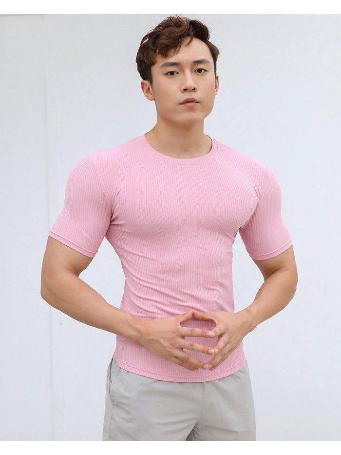 Sports Short Sleeve Men's Summer Solid Stripe Fitness Training Casual High Elastic Fit T-shirt Top 