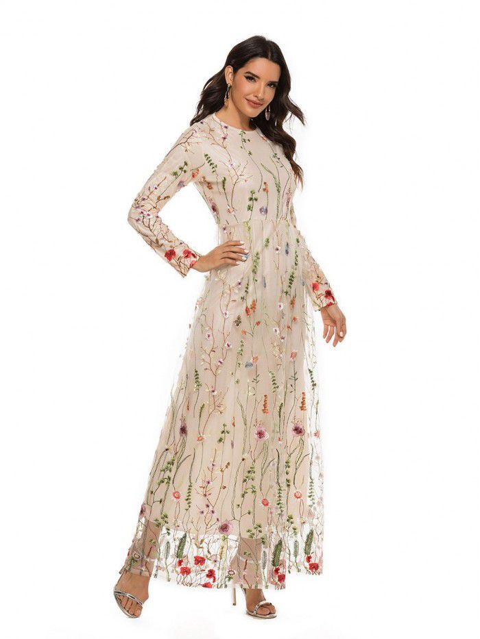 Fashion Embroidery Dress Sweet Flower Lace Long Dress 