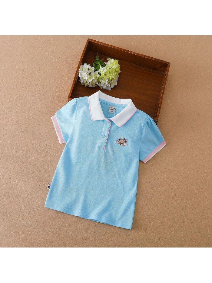 Girls' Short Sleeve T-shirt Polo Shirt Summer New Children's Top Pure Cotton Large Children's Wear Solid Color Underlay Shirt Thin 