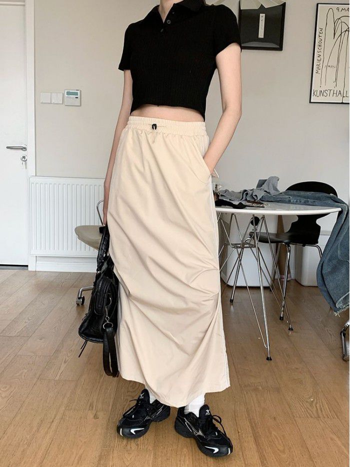 Design sense pleated small slit elastic waist skirt fashionable long skirt for women 