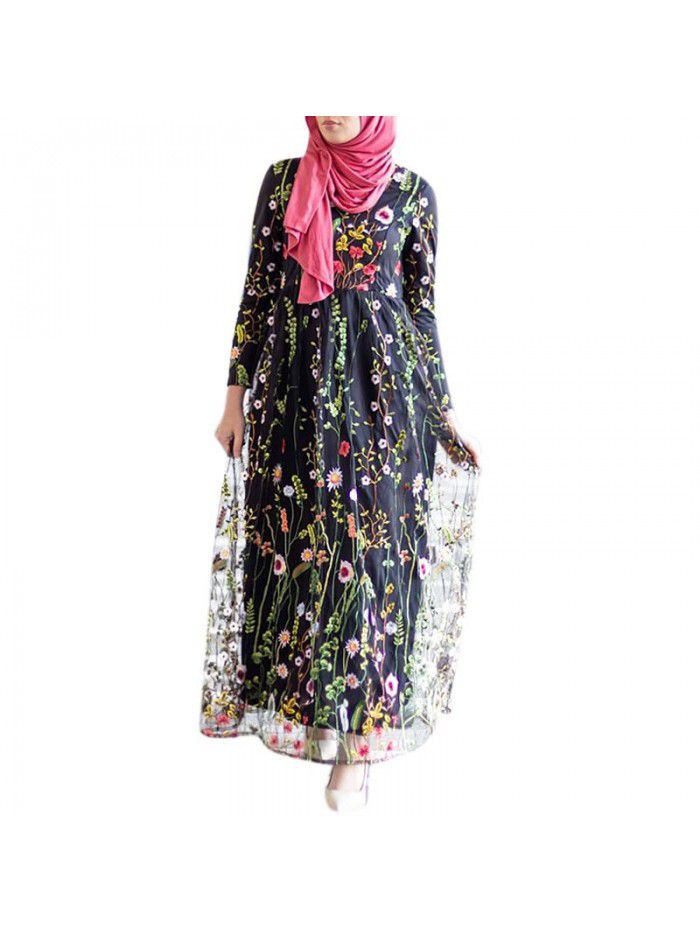 Fashion Embroidery Dress Sweet Flower Lace Long Dress 