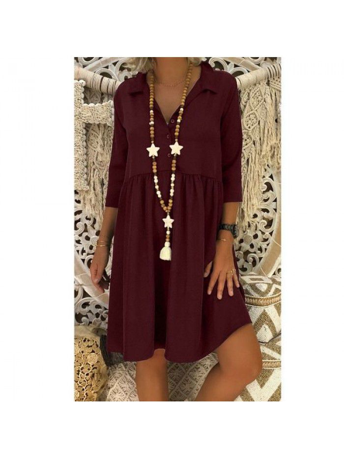 Women's 3/4 sleeve deep V-neck loose casual solid color dress 