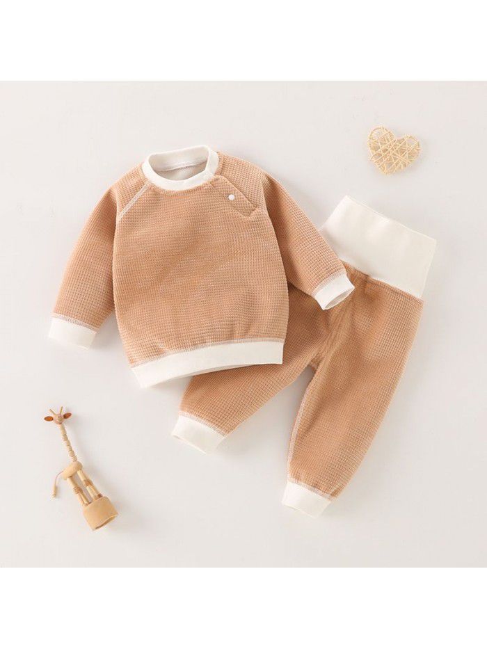 Double sided velvet baby suit for boys and girls Children's clothing Autumn and winter Baby plush warm top High waisted pants cover 