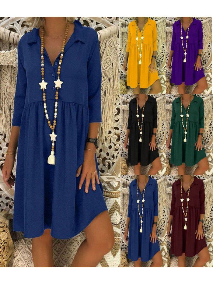 Women's 3/4 sleeve deep V-neck loose casual solid color dress 