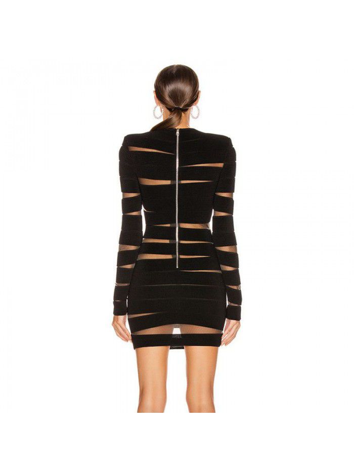 Women's Long Sleeve Mesh Irregular Striped Black Classic Long Sleeve Dress 