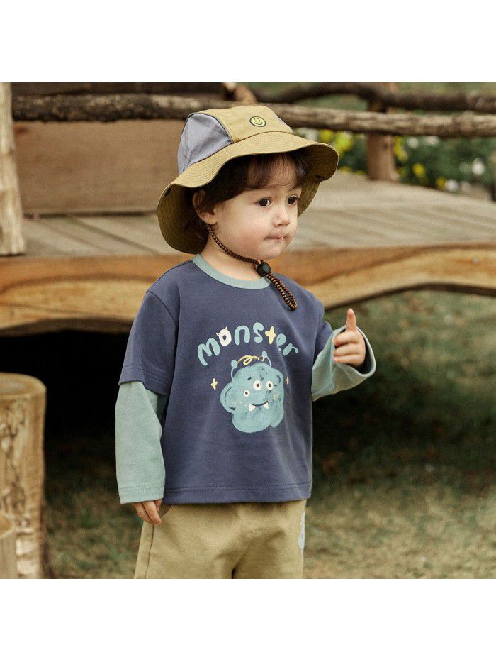 Autumn New Product Boys' T-shirt Children's Fake Two Piece Long Sleeve Inner Collar Colored Print Top Fashion 