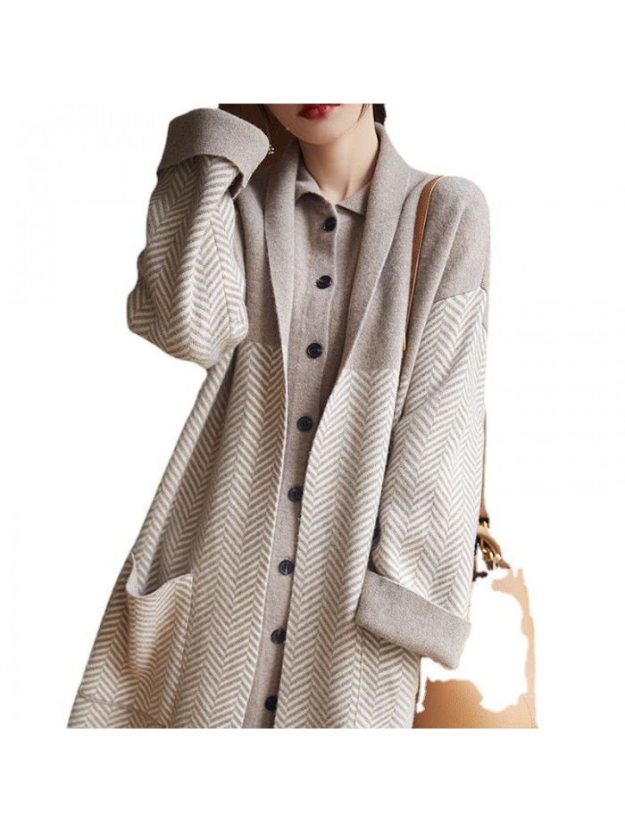 Winter wool coat buttonless four flat thickened women's lapel loose jacquard jacket long cardigan