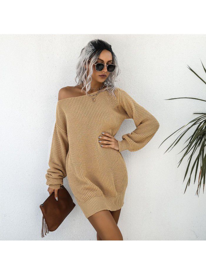 Women's autumn and winter dress casual off shoulder lantern sleeve knitted woolen dress 