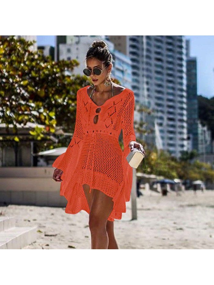 Women's Irregular Deep V Sexy Flare Sleeve Hollow out Woven Beach Cover Dress 