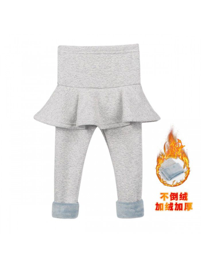 Fake two-piece leggings girls' skirt pants wear plush thickened children's thermal insulation trousers cotton in winter 