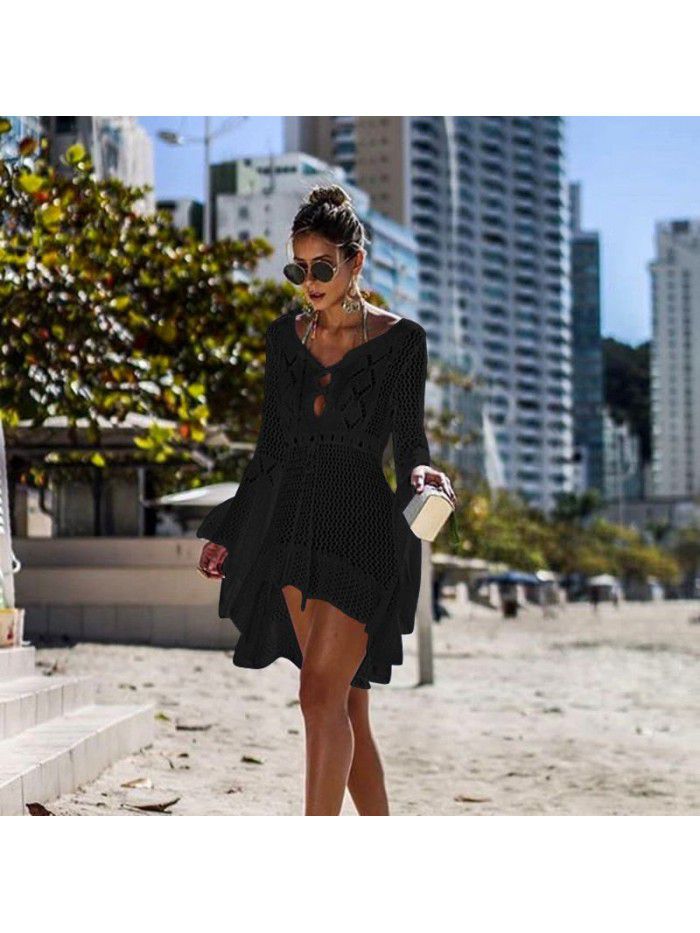 Women's Irregular Deep V Sexy Flare Sleeve Hollow out Woven Beach Cover Dress 