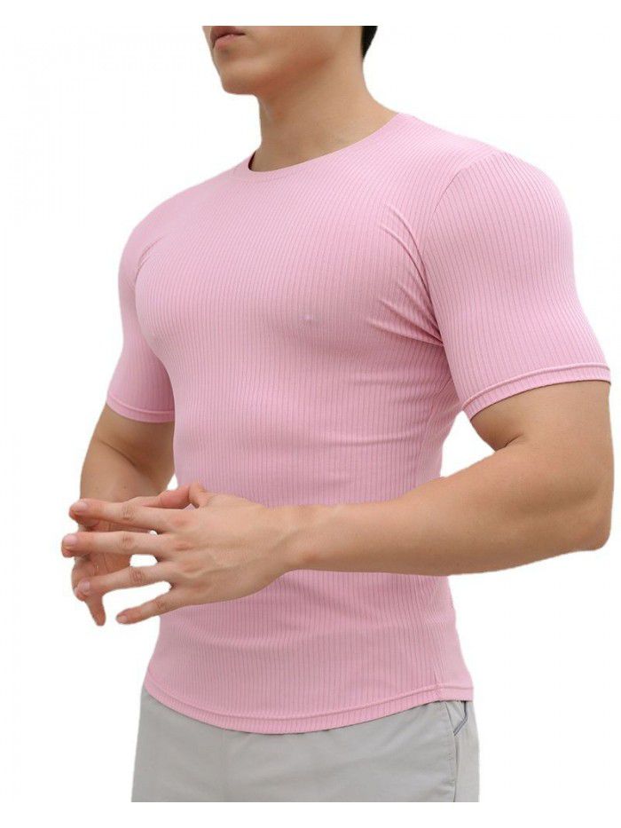 Sports Short Sleeve Men's Summer Solid Stripe Fitness Training Casual High Elastic Fit T-shirt Top 
