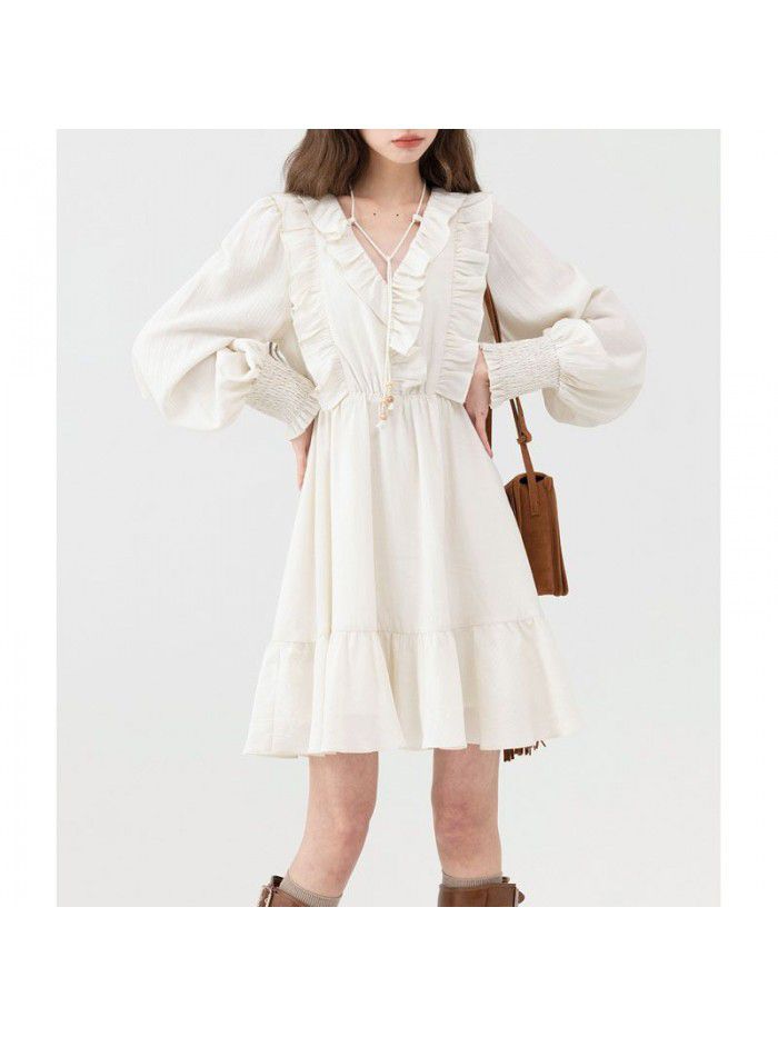 New Year Sweet and Gentle V-neck Apricot Long Dress Versatile Commuter Waist Slim A-line Dress 