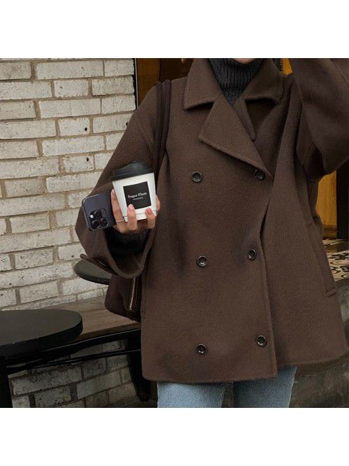 Retro lapel collar double breasted coat for women'...