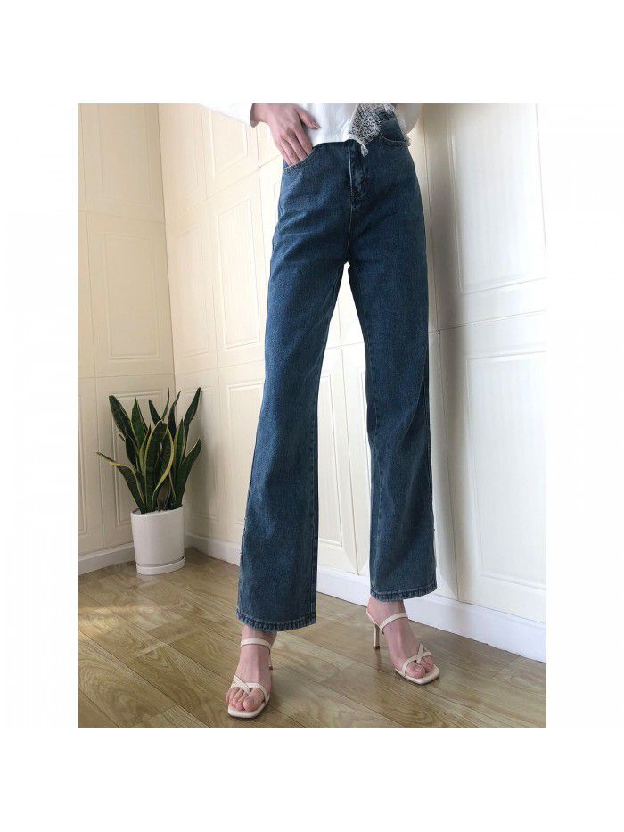 Spring/Summer New Pants Women's Curled Straight Leg Jeans High Waist Loose Autumn/Winter Slim Wide Leg Pants 