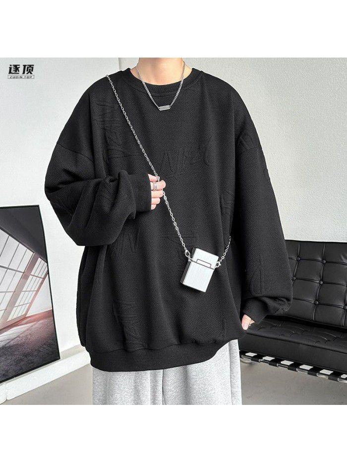 Men's trendy brand sweatshirt, spring and autumn style, with a layered bottom feel, vintage long sleeved T-shirt jacket 