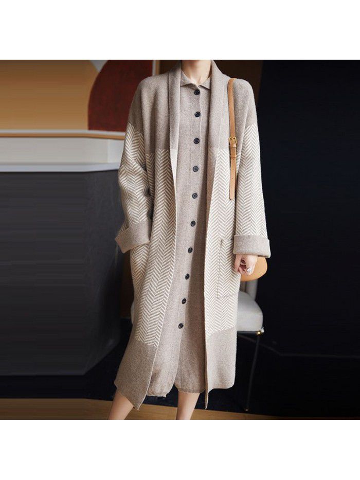 Winter wool coat buttonless four flat thickened women's lapel loose jacquard jacket long cardigan