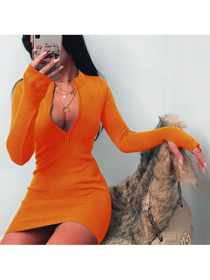 Autumn/Winter Trend Women's Long Sleeve Dress Versatile Neckline Zipper Sexy Slim Fit Wrap Hip Dress 