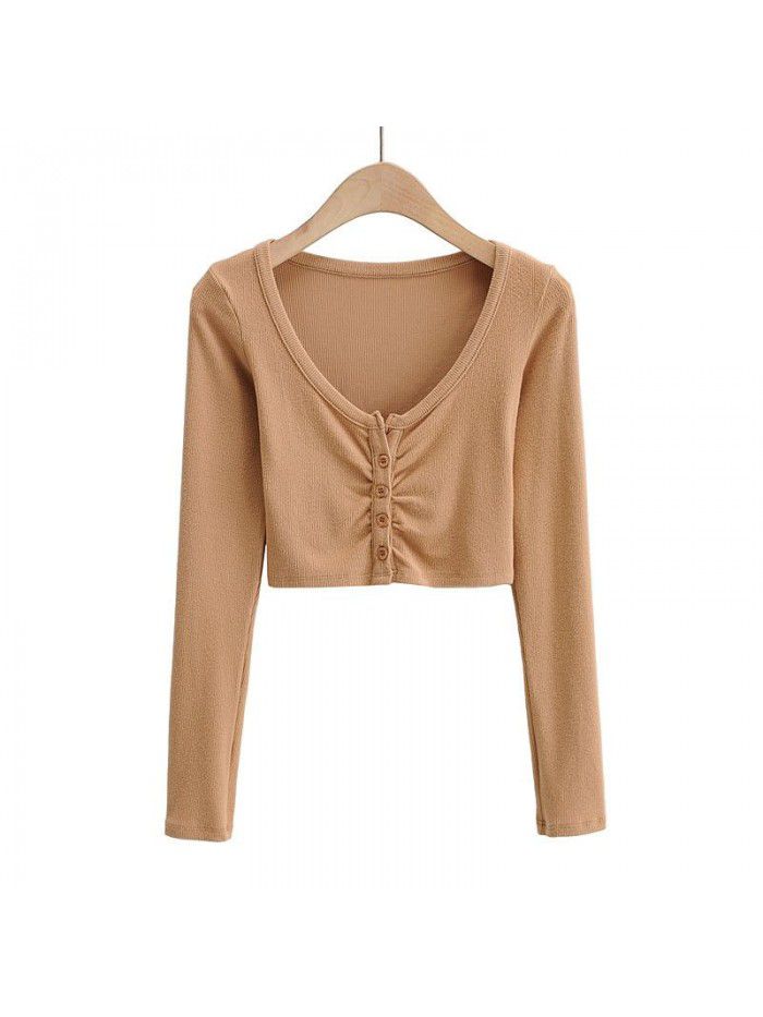 Autumn Spicy Girls Sexy Slim Fit Short Open Umbilical Pleated T-shirt Women's Tight Bottom Shirt Single breasted Top 
