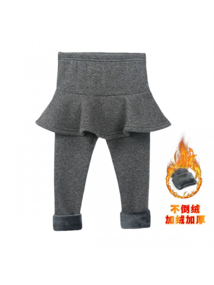 Fake two-piece leggings girls' skirt pants wear plush thickened children's thermal insulation trousers cotton in winter 