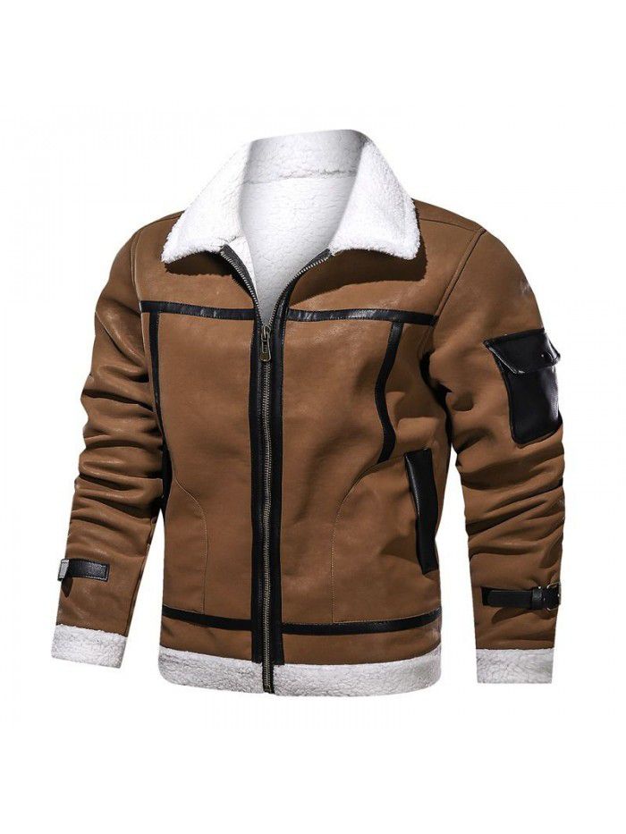 Flip collar plush leather jacket men's fur and fur integrated large leather jacket