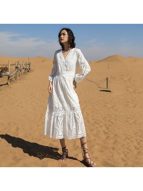 Autumn casual women's long dress pure cotton long ...