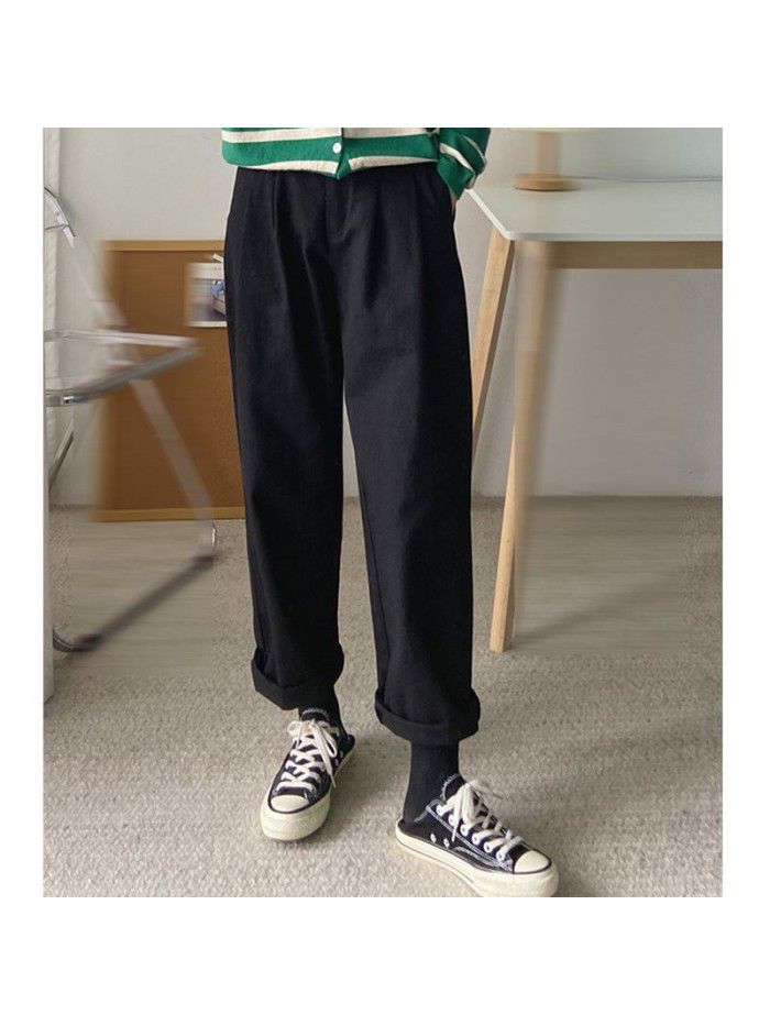 Loose fitting workwear women's casual pants Spring new half elastic waist slimming solid color versatile straight leg pants 