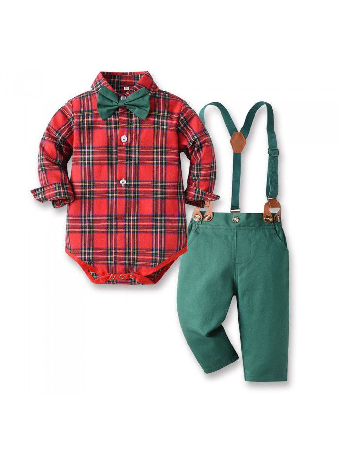 Clothing New Boys' Plaid Long Sleeve Polo Collar Cotton Cardigan Strap Pants Holiday Set Fashion Style 