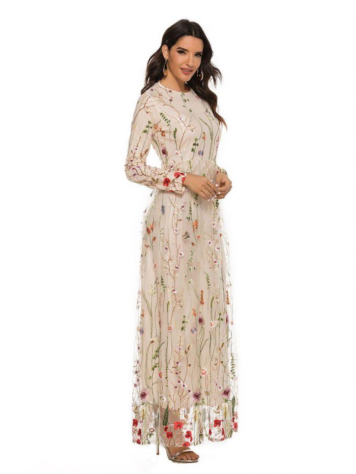 Fashion Embroidery Dress Sweet Flower Lace Long Dress 