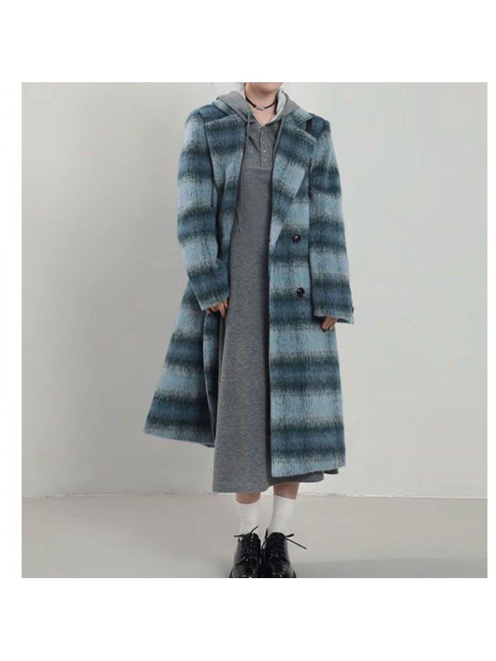 Blue plaid woolen coat for women's winter mid length woolen top coat