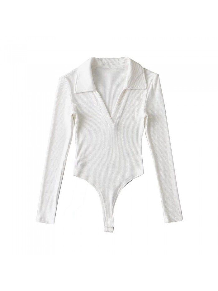 Deep V-neck long sleeved one piece women's autumn and winter polo collar slim fitting bottom T-shirt top 